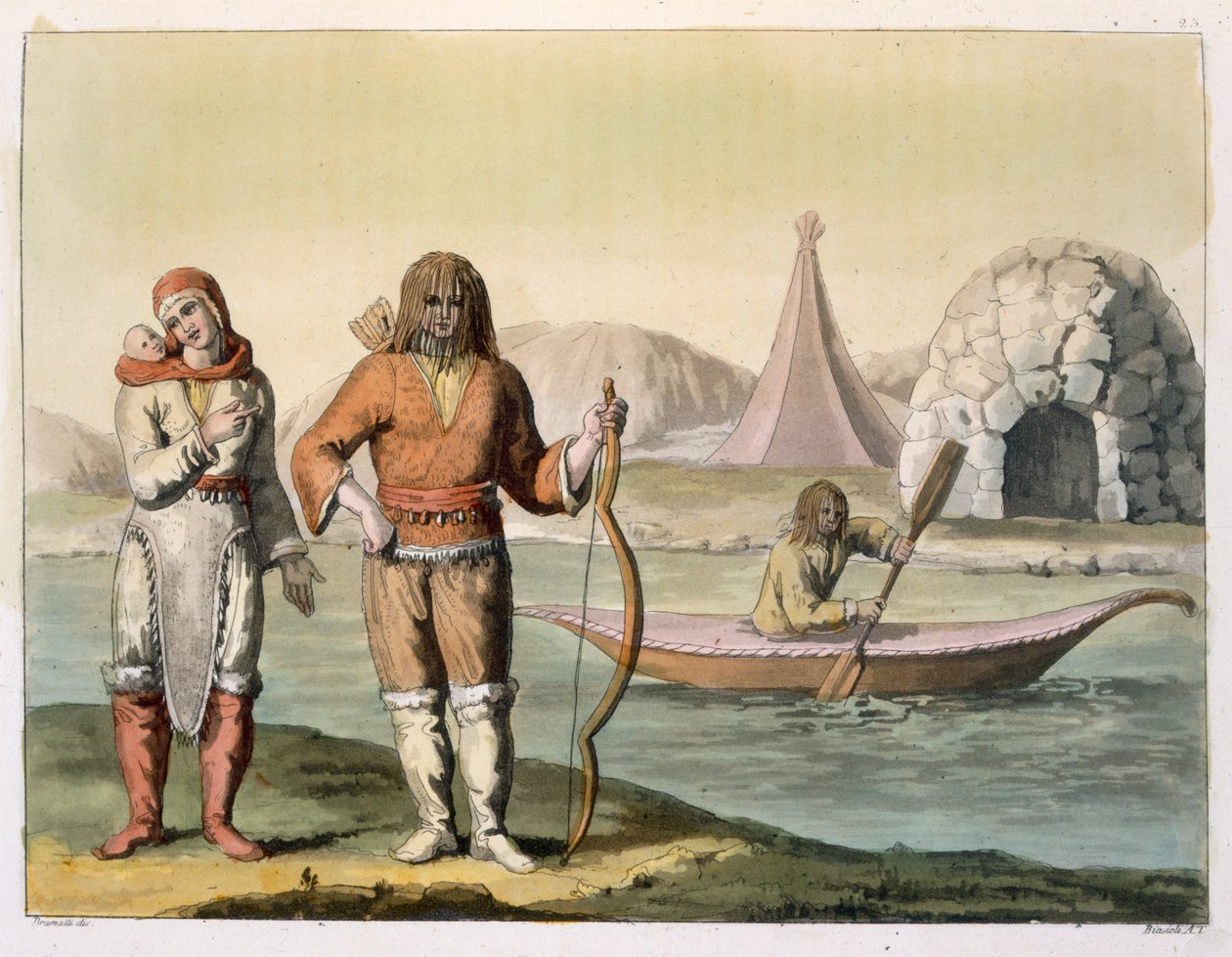 Eskimot Hudson Bayssa, julkaisusta "Le Costume Ancien et Moderne", osa I, levy 23, Jules Ferrario, kaiverrus Angelo Biasioli (1790-1830), julkaistu noin 1820-30-luvulla (värikaiverrus) tekijältä G. Bramati