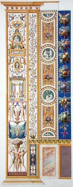 Paneeli Raphael Loggiasta Vatikaanista, "Delle Loggie di Rafaele nel Vaticano", kaiverrettu Giovanni Ottaviani (n. 1735-1808), julkaistu n. 1772-77 (käsinvärinen kaiverrus) tekijältä G. and Camporesi P. Savorelli