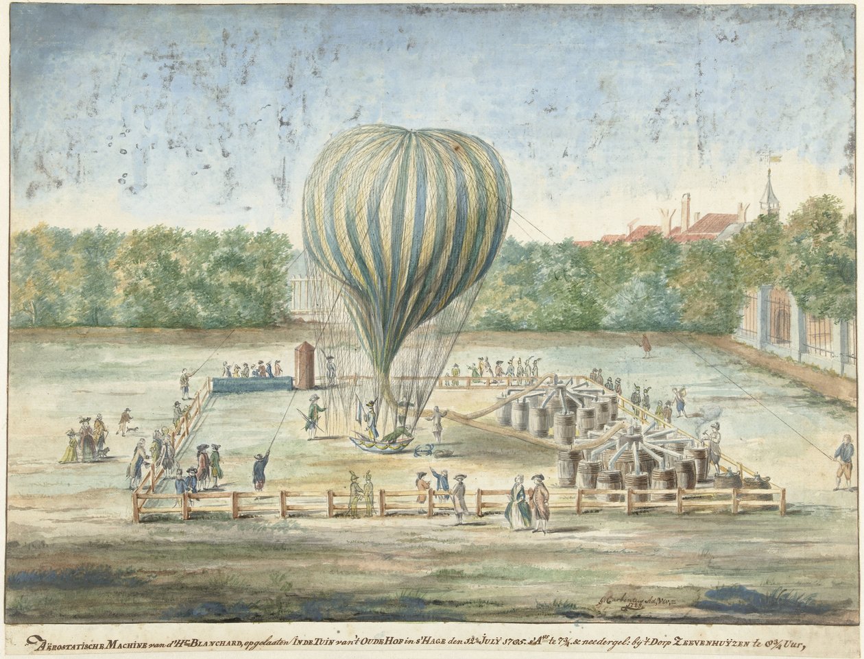 Blanchardin ilmapallon laukaisu Haagissa vuonna 1785 tekijältä G. Carbentus (signed by artist)