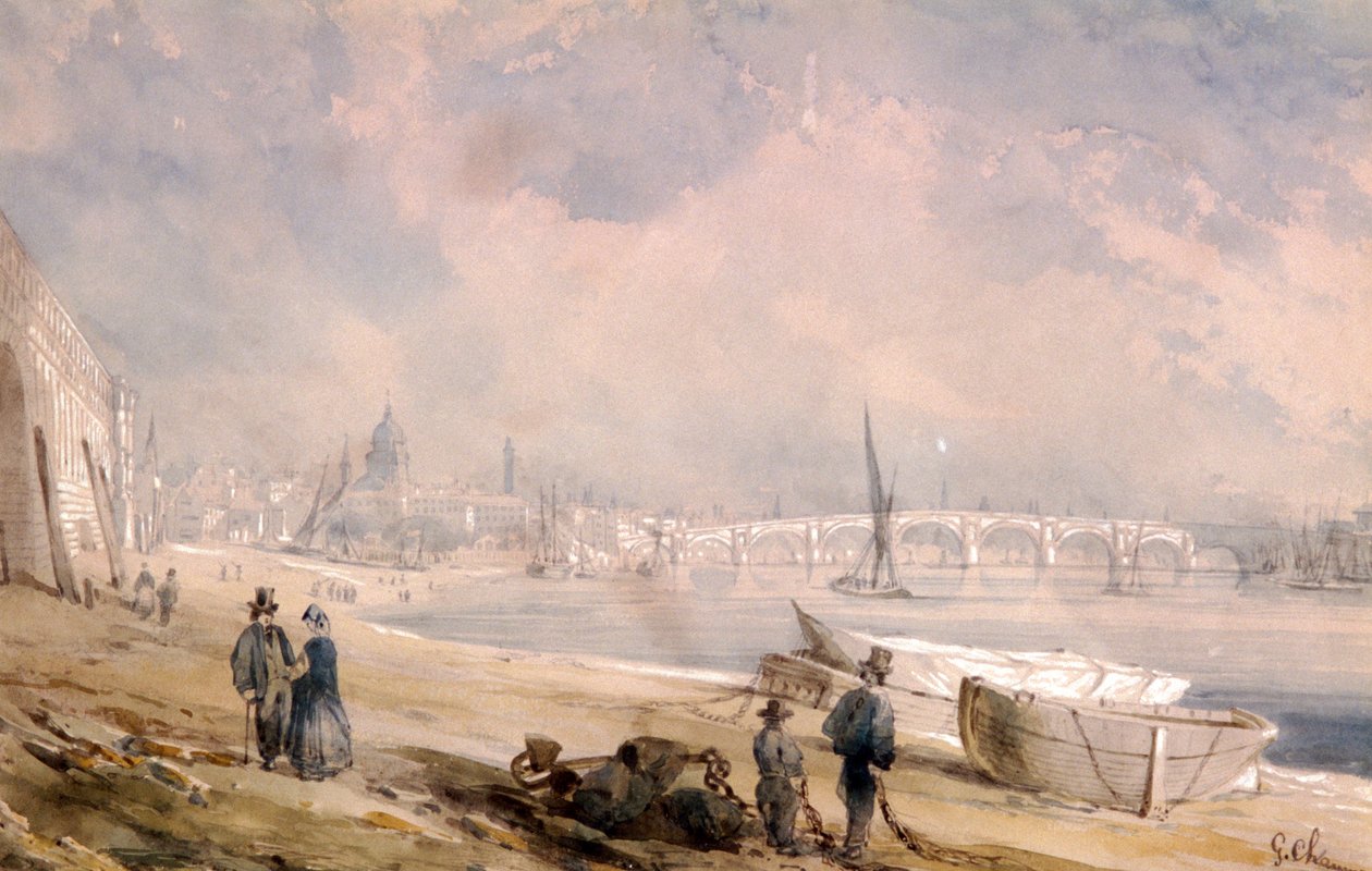 Thames laskuveden aikaan ja Blackfriars Bridge, Lontoo, 1847 tekijältä G Chaumont