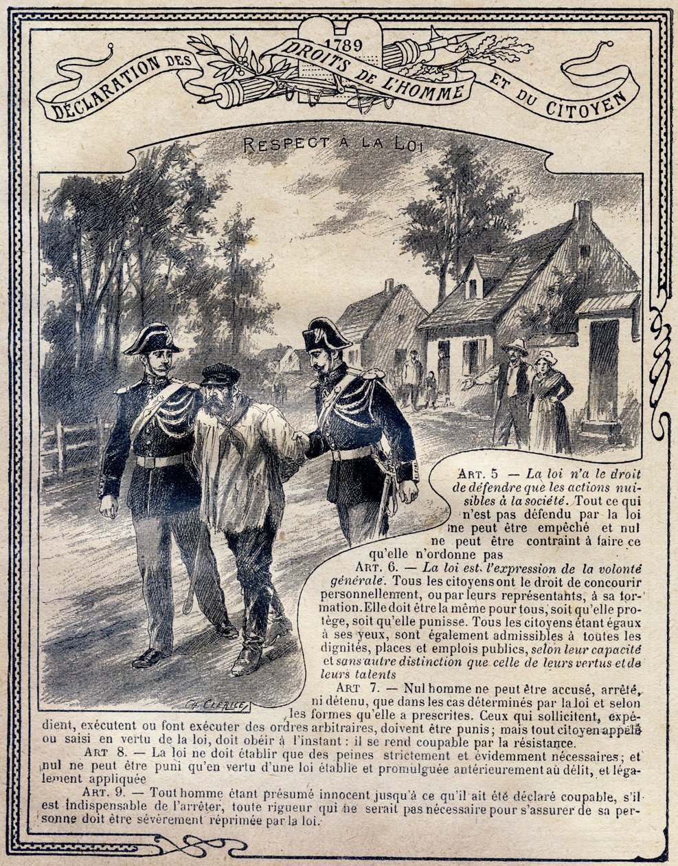 1789: Ihmisten ja kansalaisten oikeuksien julistus: Lain kunnioittaminen. Kaiverrus "Ainutlaatuiseen etiikan ja kansalaisopetuksen kirjaan, joka on tarkoitettu peruskoulun kolmen kurssin opiskelijoille sekä Lycees and Colleges, Deuxi -koulujen alaluokkien  tekijältä G. Dascher