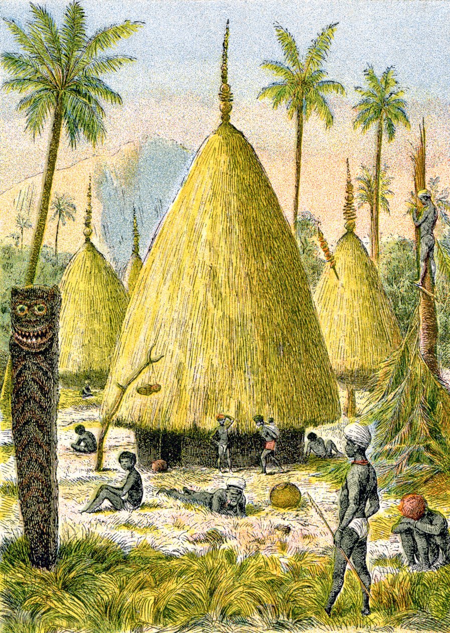 Canaque-kylä Uudessa-Kaledoniassa, n. 1900-1910 (kuva) tekijältä G. Dascher