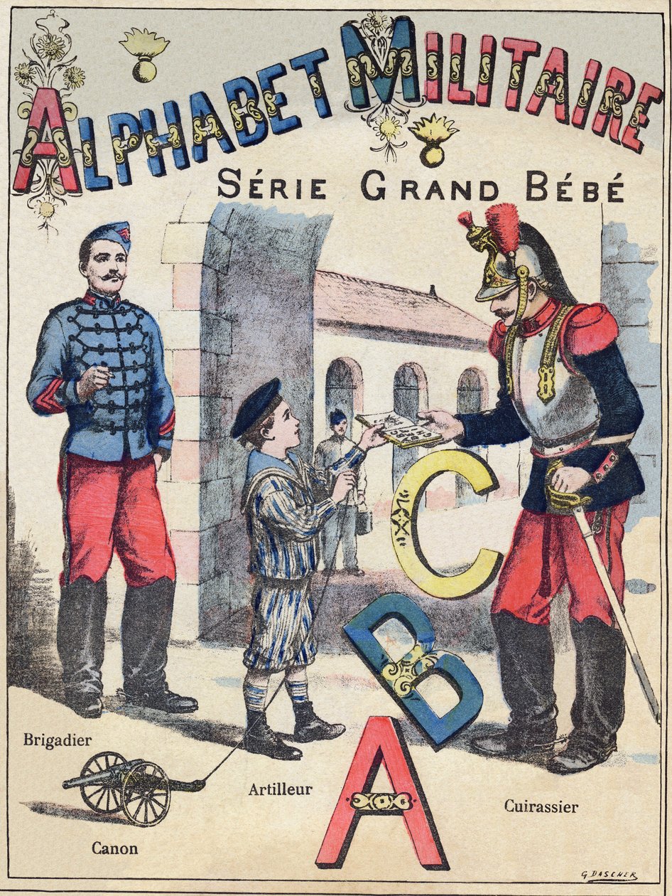 "Military Alphabet" , Grand-Bebe-sarjan kansi. Kaiverrus. Pont-a-Moussonin kuvantaminen. Louis Vagne, painaja-kustantaja, noin 1900. Kuvitukset G. Dascher. 20 sivua. Koko: 31,5x24,5cm. tekijältä G. Dascher