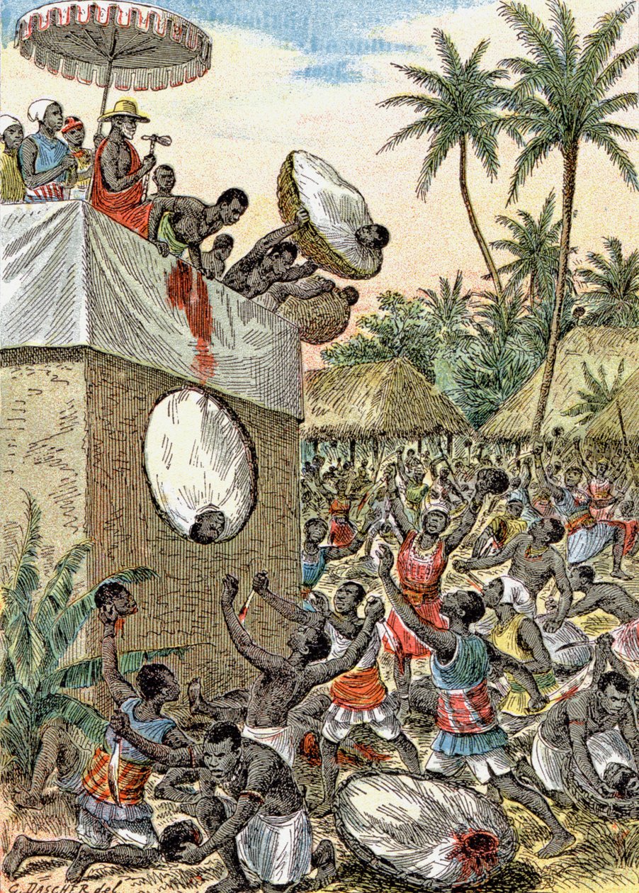 Ihmisuhreja Afrikassa, n. 1900 (kuva) tekijältä G. Dascher