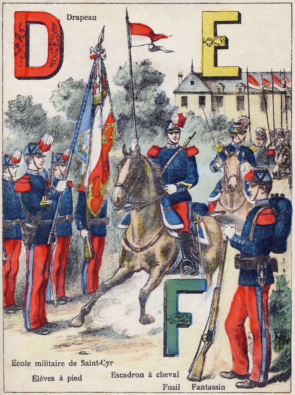 Kirjaimet D E F: Lippu, Saint-Cyrin sotakoulu (Saint Cyr), Eleves jalkaisin, hevoslentue, kivääri ja fantassin, n. 1900 (litografia) tekijältä G. Dascher
