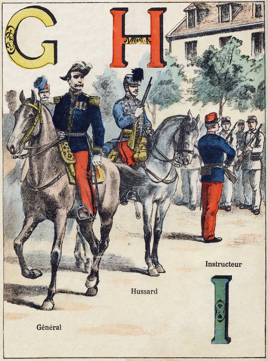 Kirjaimet G H I: Kenraali, Hussard ja opettaja. Kaiverrus "Alphabet militaire", Grand-Bebe-sarjassa. Kaiverrus. Pont-a-Mousson-kuvaus. Louis Vagne, kirjapaino-kustantaja, noin 1900. Kuvitukset G. Dascher. 20 sivua. Mitat: 31,5 x 24,5 cm tekijältä G. Dascher