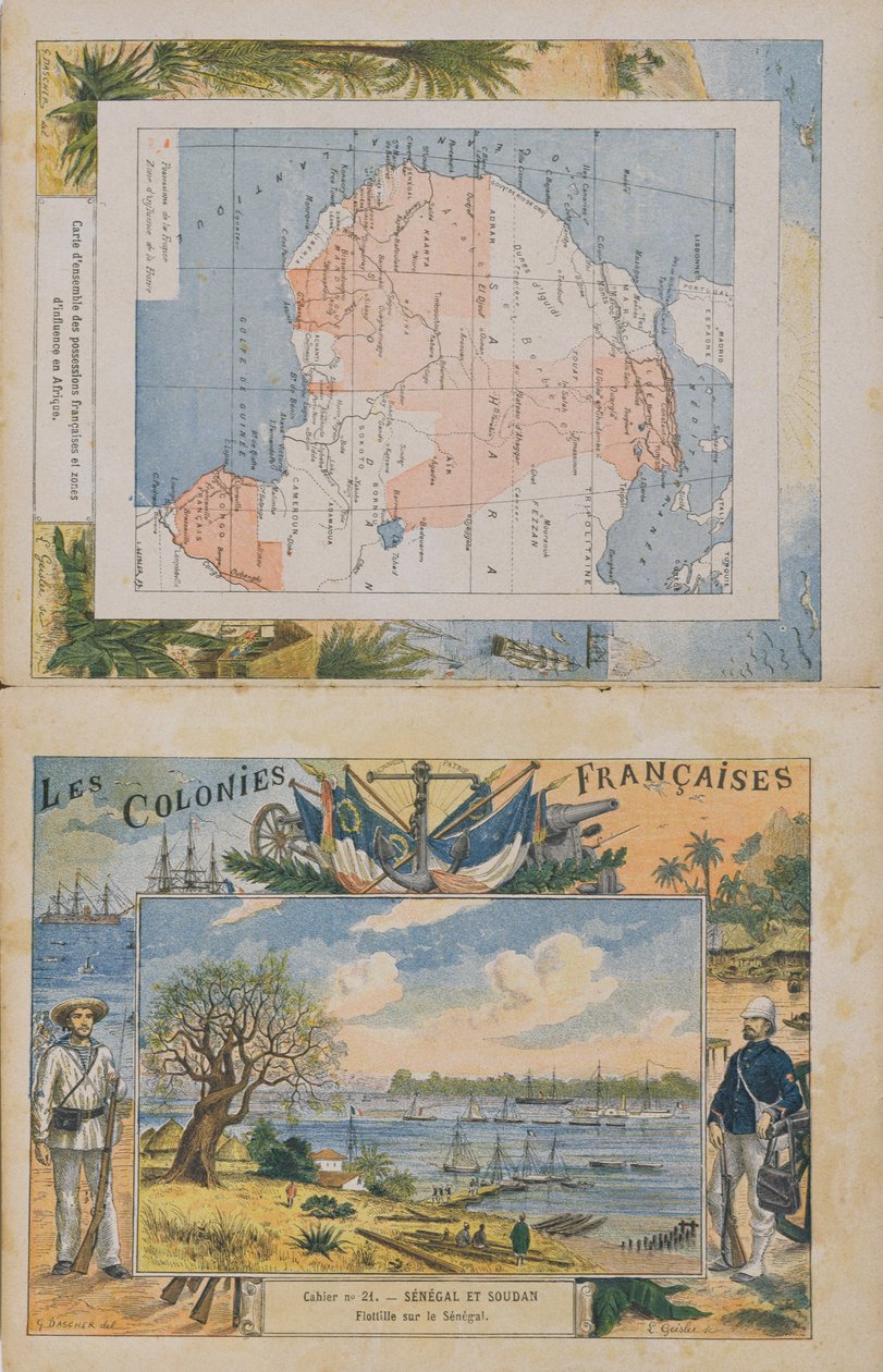 Kartta ranskalaisten omaisuudesta ja vaikutusalueista Afrikassa ja näkymä Senegal-joelle, koulun harjoituskirjan kansi, 1800-luvun loppu (värikaiverrus) tekijältä G. Dascher