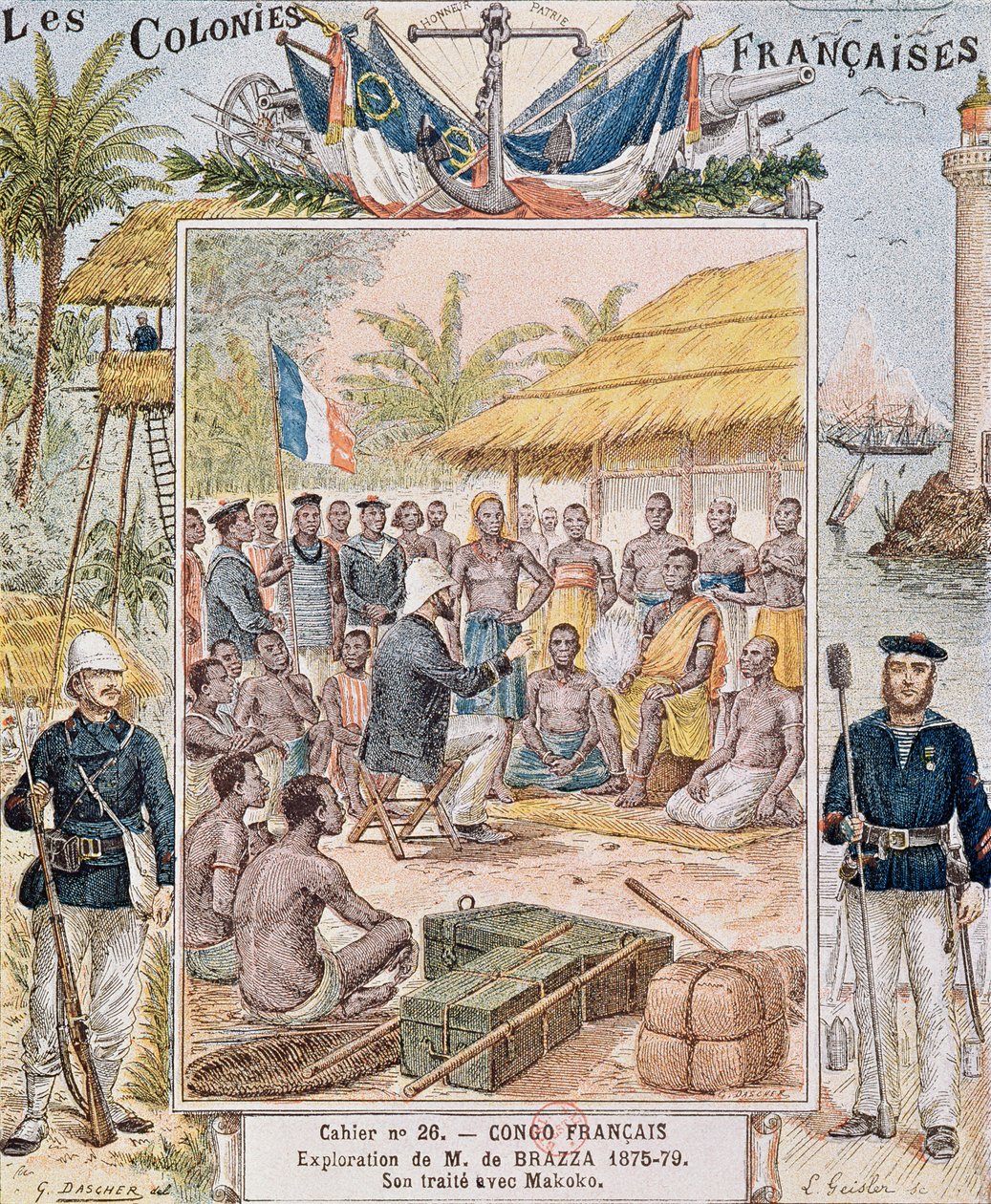 M. de Brazzan (1875-79) tutkimus Makokon kanssa, kuva Les Colonies Francaisesista tekijältä G. Dascher