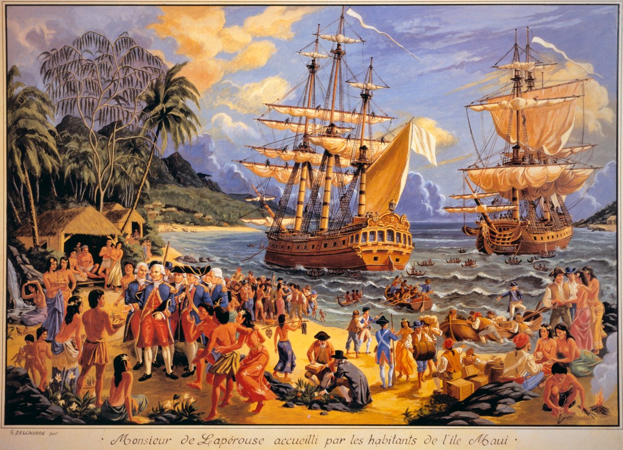 Jean Francois Galaup de Laperouse toivotti tervetulleeksi Mawee Islandin asukkaat Sandwichsaarilla Tyynellämerellä (väri litho) tekijältä G. Delcausse
