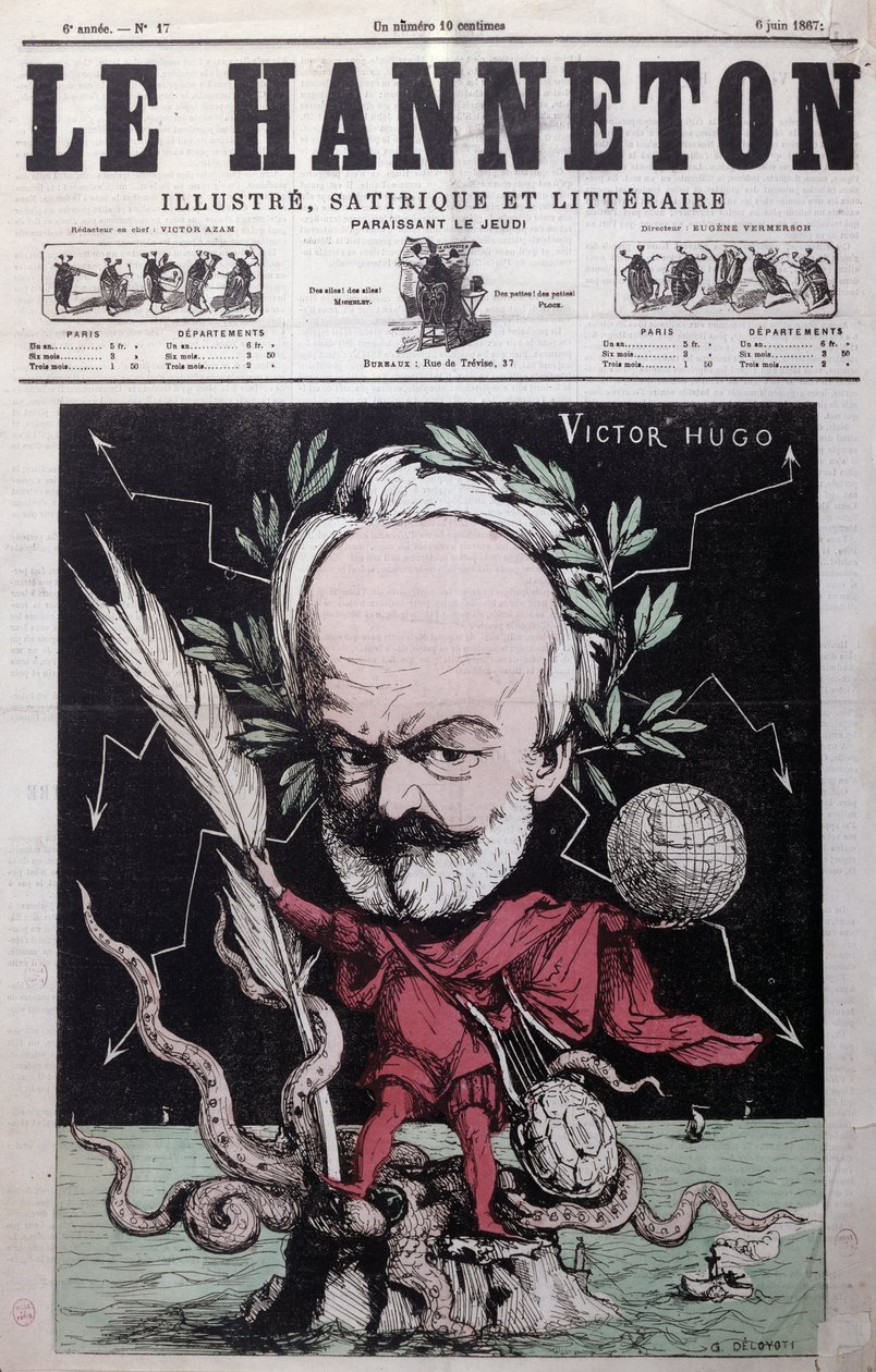 Karikatyyri Victor Hugosta (1802-85) Zeuksena maanpaossa Guernseyllä Le Hannetonin etukannessa kesäkuussa 1867 tekijältä G. Deloyoti