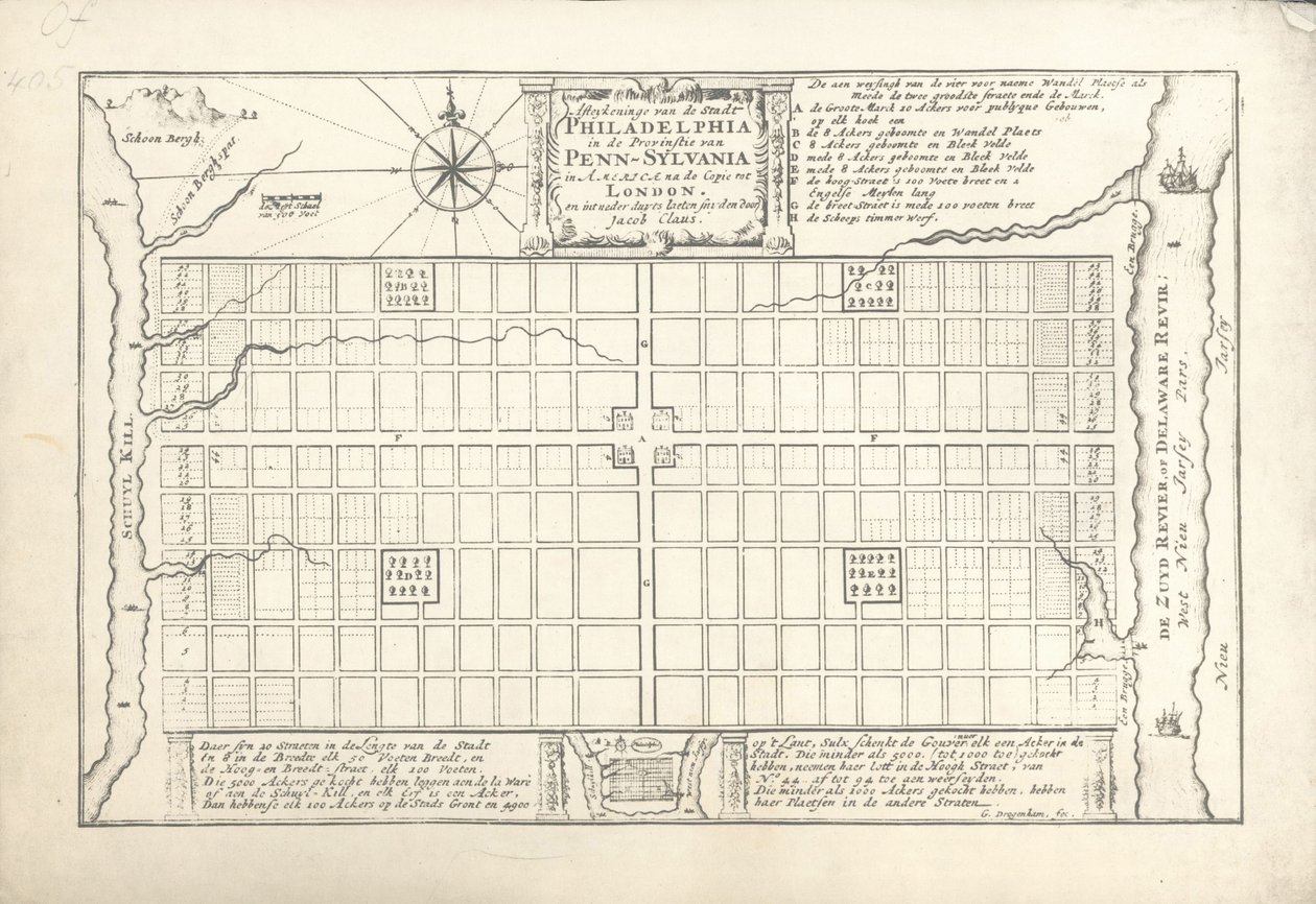Ensimmäinen Philadelphian suunnitelma, jonka suunnittelivat William Penn ja Thomas Holme vuonna 1682, 1684 tekijältä G. Drogenham