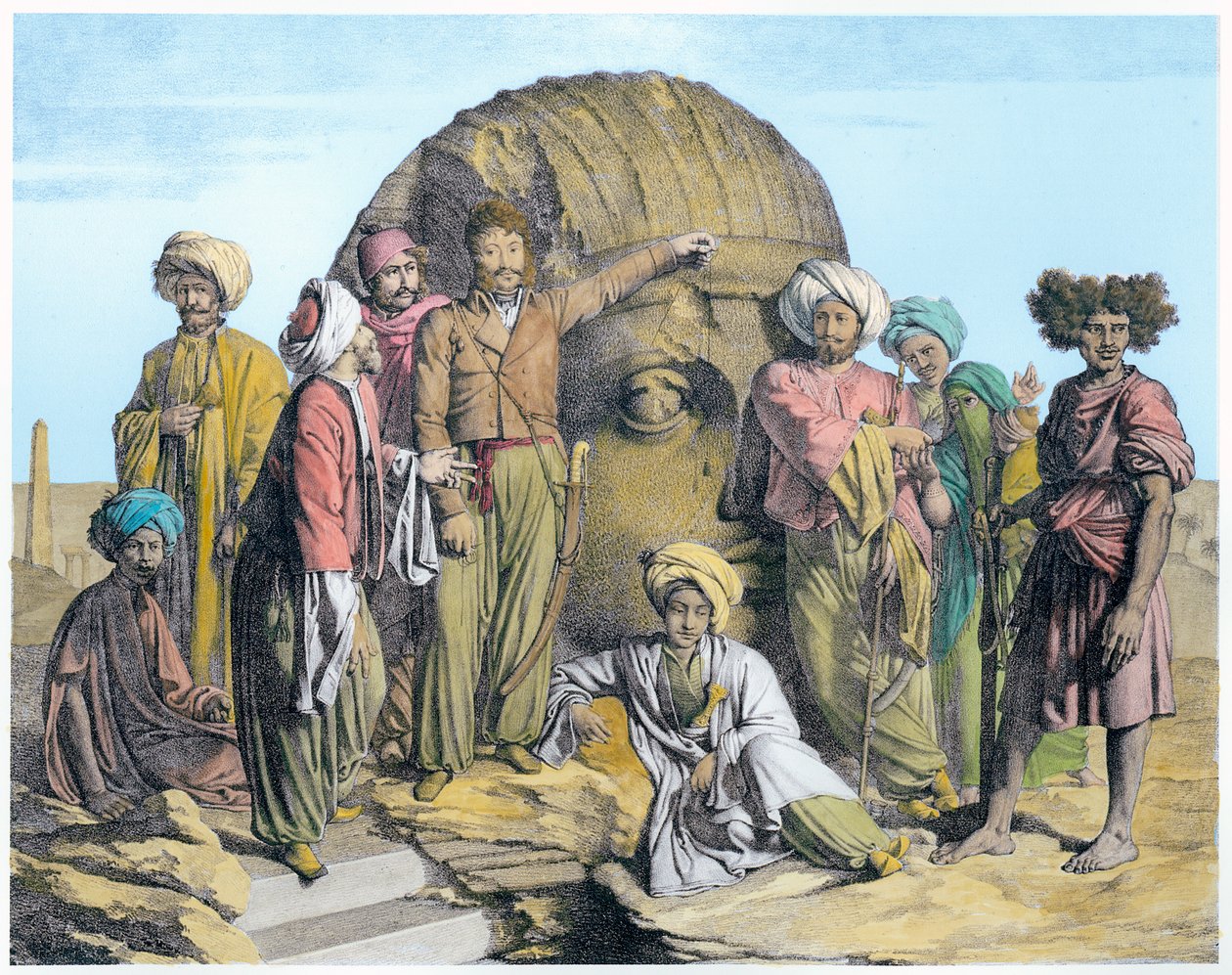 Arkeologi Bernardino Drovetti mittaa valtavaa päätä Egyptin autiomaassa, 1819 tekijältä G Engelmann