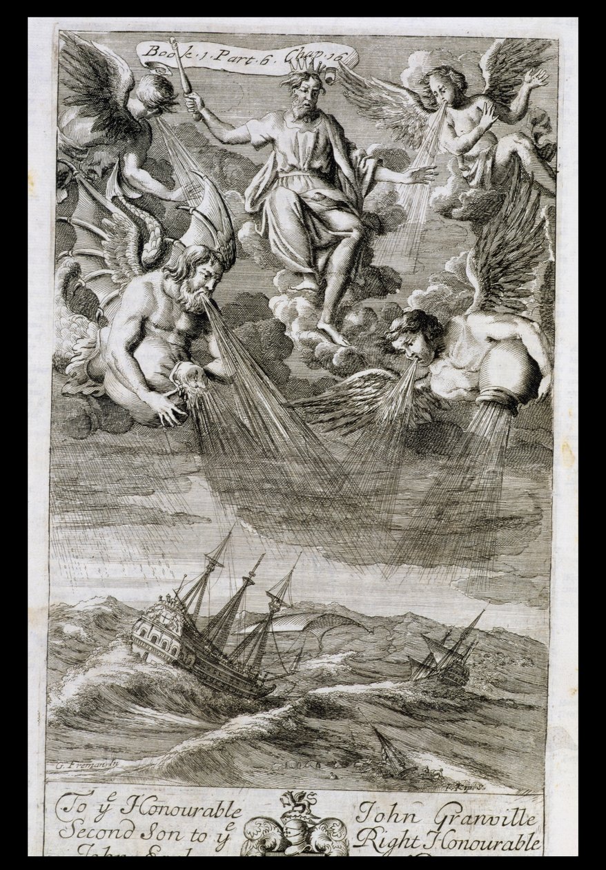 Jupiter heittää myrskyn valtamerelle, kuvitus Anthony Le Grandin "Filosofian periaatteet" kirjan 1 osan 6 luvusta 16, kaiverrus Johannes Kip (16523-1722), 1694 tekijältä G Freman