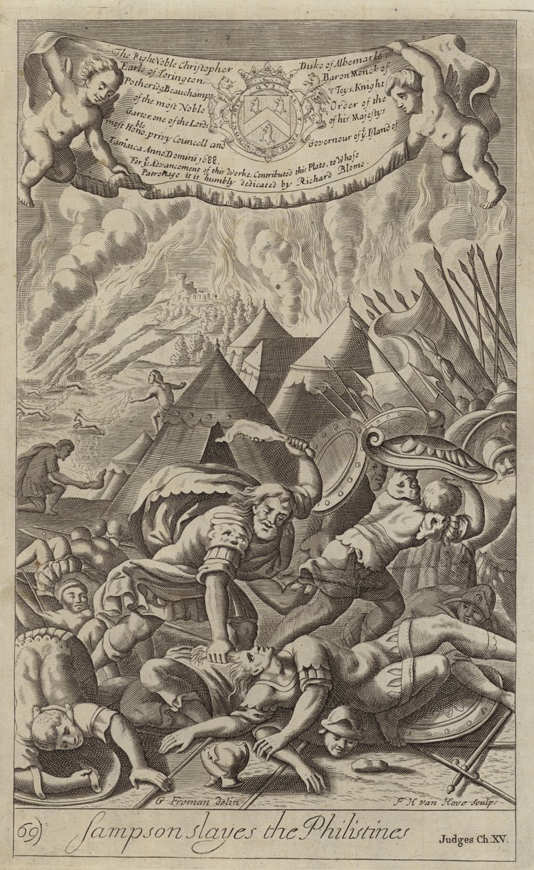 Simson tappaa filistealaiset (kaiverrus) tekijältä G Freman