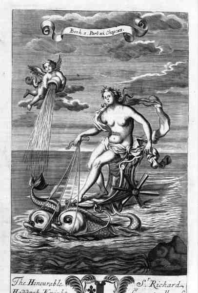 Delfiinien piirtämä Venus ratsastaa vaunuillaan, kuvitus Anthony Le Grandin kirjan "Filosofian periaatteet" kirjan 1 osan 6 luvusta 11, kaiverrus Michiel van der Gucht (1660-1725) tekijältä G Freman