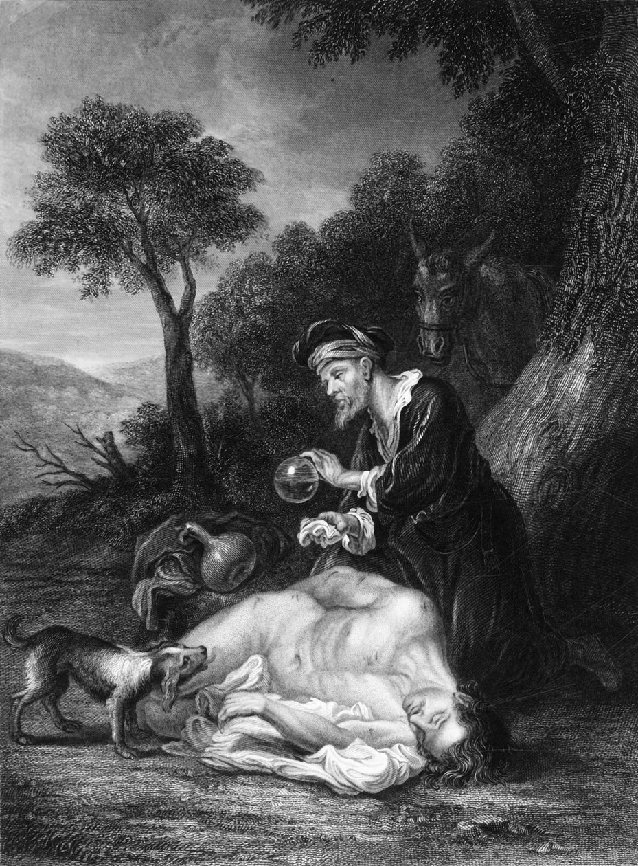 Hän sitoi haavansa kaatamalla öljyä ja viiniä, 1830-luku. tekijältä G. H. Adcock