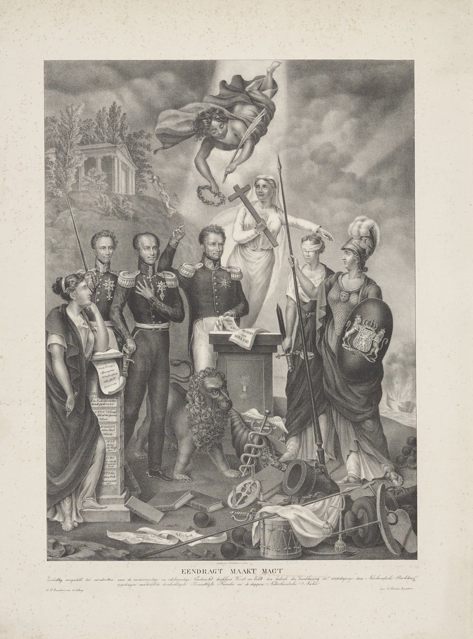 Allegoria prinssin ja kansan välisestä liitosta, 1832 Eendragt esittelee Magt / Zinnebeeldigin prinssin ja kansan välisen loistokkaan ja anteliaan Eendrachtin muistoksi hollantilaisten oikeuksien ylläpitämiseksi ja puolustamiseksi (otsikko o tekijältä G. Havius Zanders