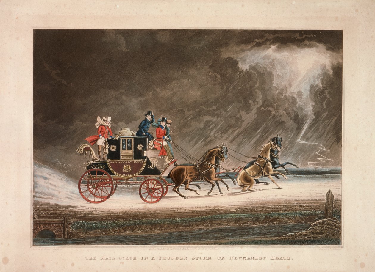 Postilinja-auto ukkosmyrskyssä Newmarket Heathissä, Suffolkissa, 1827. tekijältä G Reeves