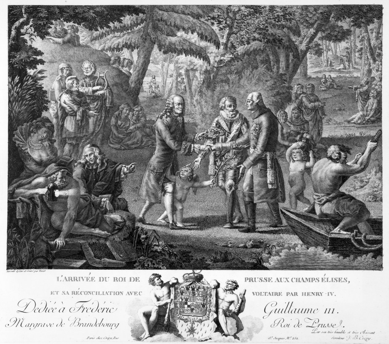 Henri IV (1553-1610) sovitti Frederick William II:n (1744-97) ja Voltairen (1694-1778) Elysian Fieldsillä, 1700-luvun toinen puoli tekijältä G. Texier
