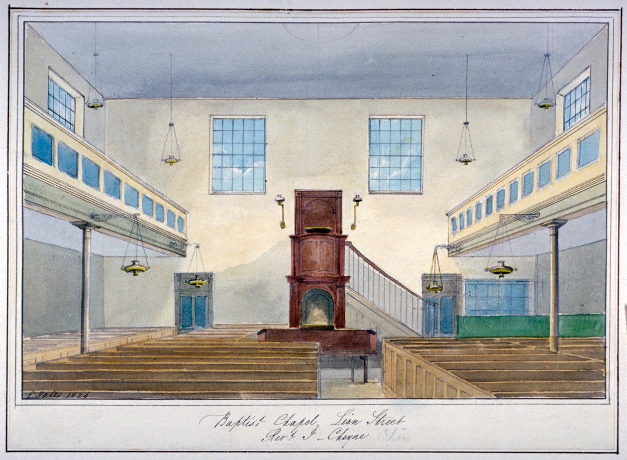 Sisäkuva Lion Street Baptist Chapelista, New Kent Roadin varrella, Southwark, Lontoo, 1826 tekijältä G Yates