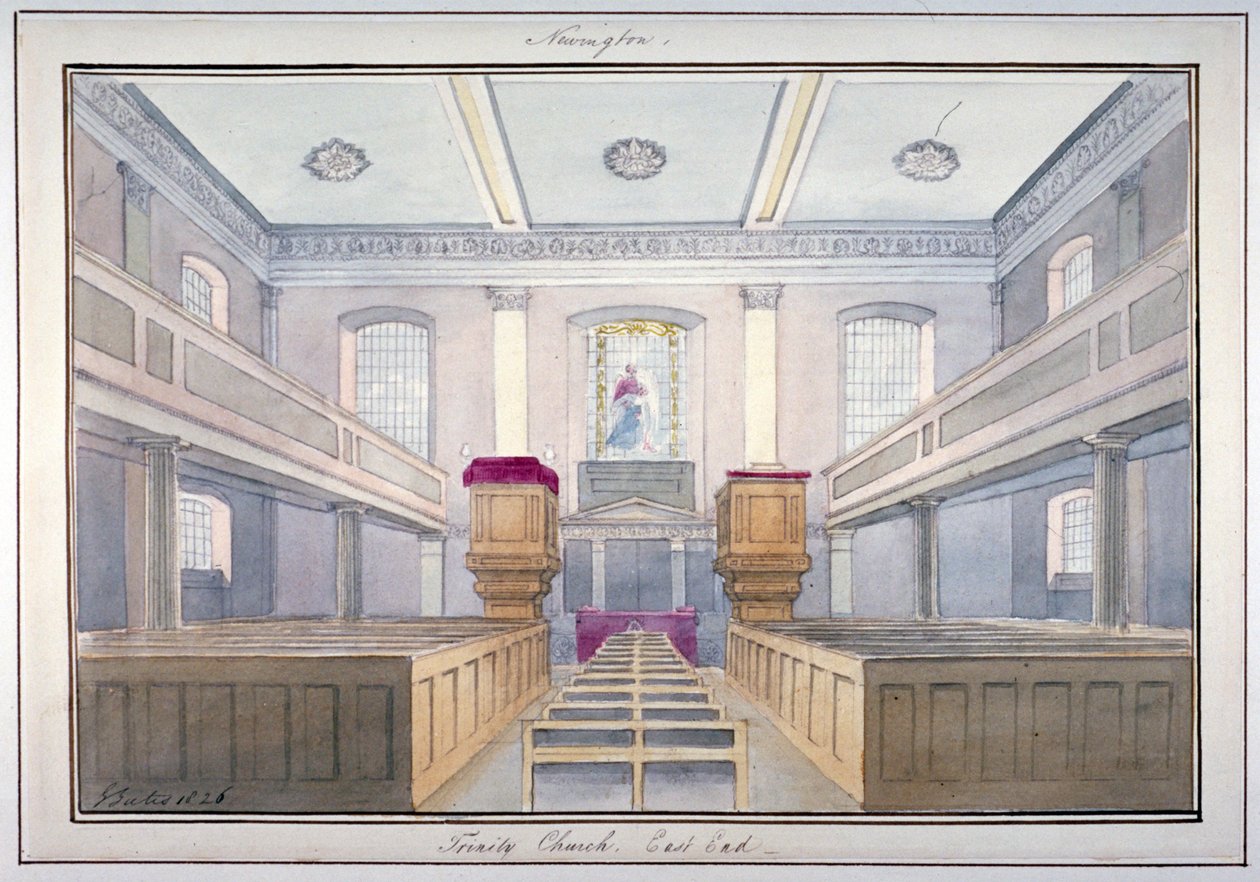Sisäkuva Holy Trinity Churchin itäpäästä, Newington, Southwark, Lontoo, 1826 tekijältä G Yates