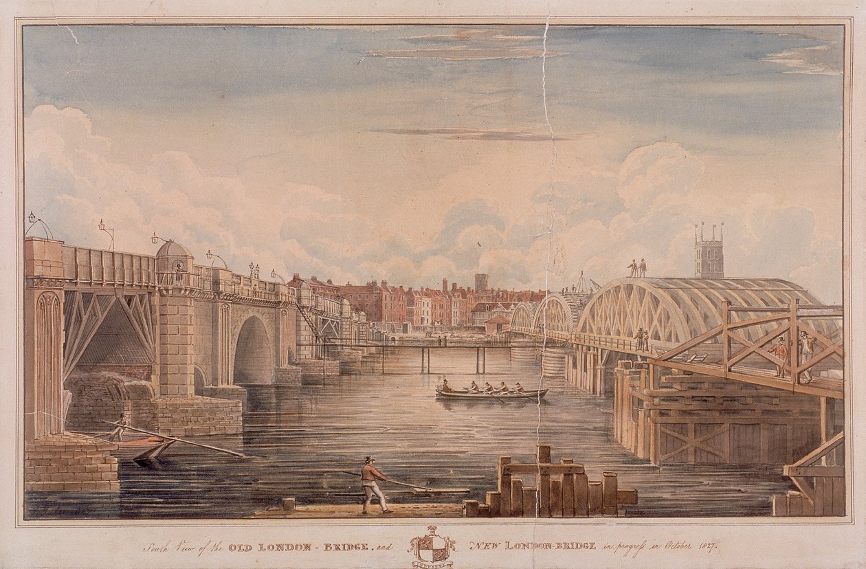 London Bridge vanha ja uusi, Lontoo, 1827 tekijältä G Yates