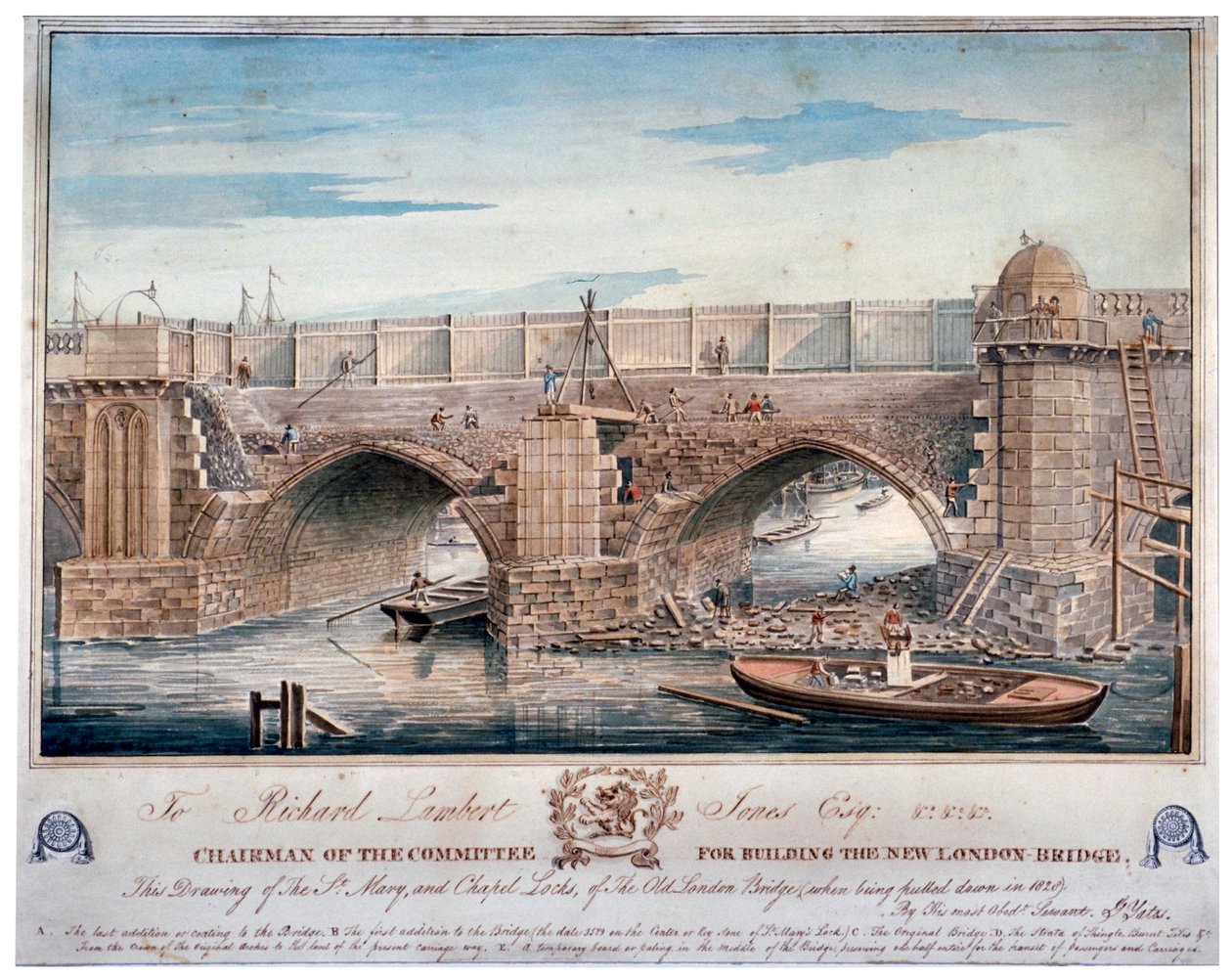 Pyhän Marian ja kappelin lukot puretaan, London Bridge, 1829. tekijältä G Yates