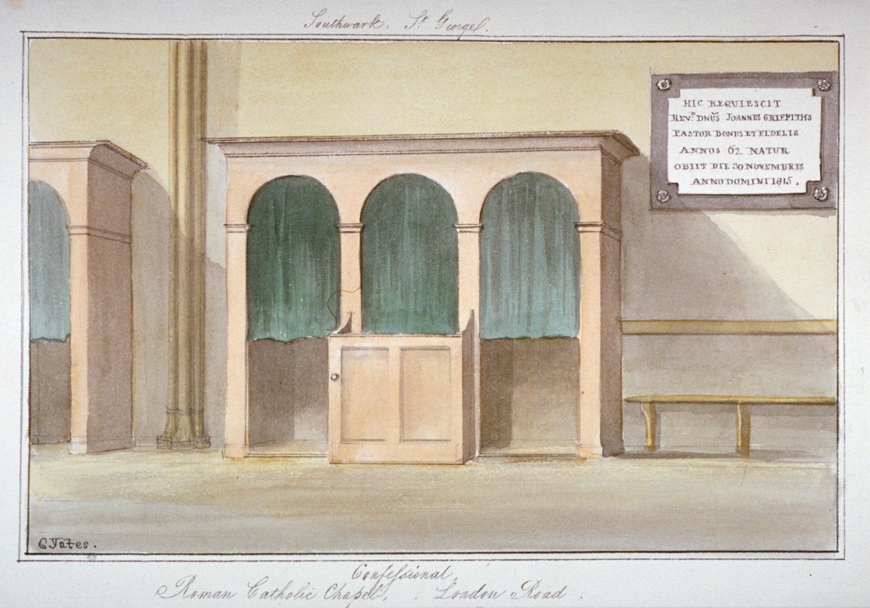 Rippitunti roomalaiskatolisessa kappelissa London Roadilla, Southwark, Lontoo, 1825 tekijältä G Yates