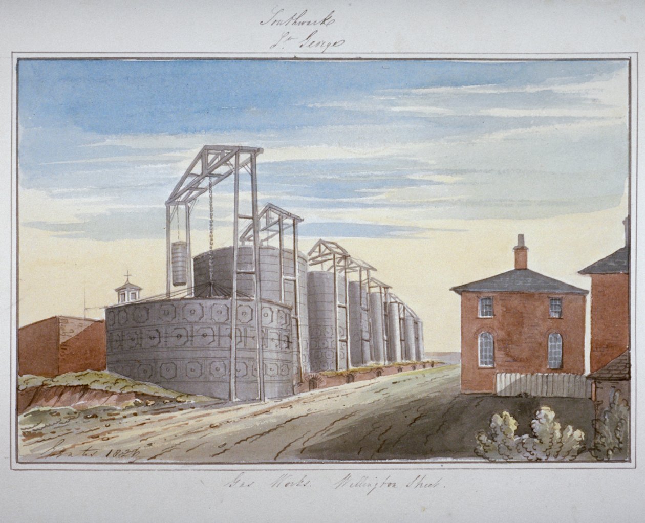 Näkymä kaasutehtaista Pocock Streetillä, Southwarkissa, Lontoossa, 1826 tekijältä G Yates