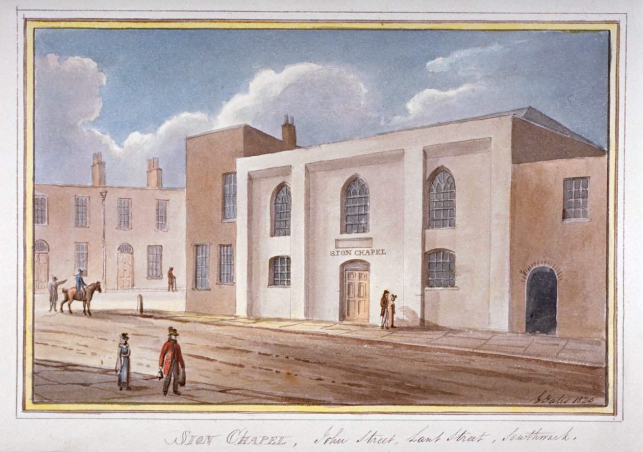 Näkymä Sion Chapelista John Streetillä, Southwarkissa, Lontoossa, 1825 tekijältä G Yates