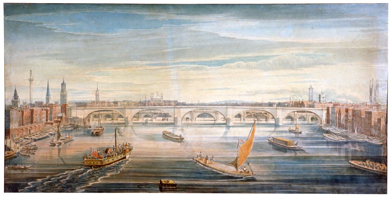 Näkymä uudelle London Bridgelle lännestä, veneillä ja proomuilla Thamesilla, 1831. tekijältä G Yates