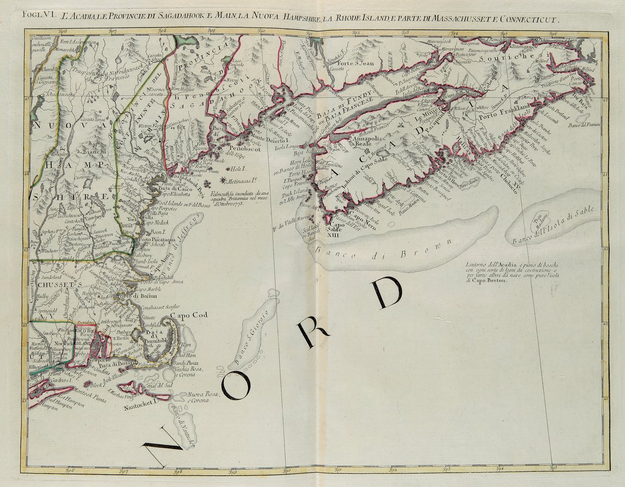 Acadia, Sagadahocin ja Mainen maakunnat, New Hampshire, Rhode Island ja osa Massachusettsia ja Connecticutista, G. Zulianin kaiverrus otettu Tome I:stä Venetsiassa vuonna 1778 julkaistusta Antonio Zattasta, yksityinen kokoelma. tekijältä G. Zuliani