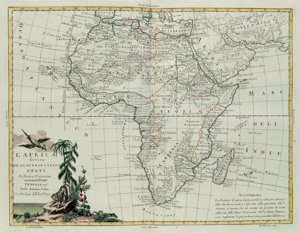 Afrikka jaettu tärkeimpiin osavaltioihinsa, G. Zulianin kaiverrus, joka on otettu Antonio Zattan Venetsiassa vuonna 1776 julkaisemasta uusimman atlasin Tome I:stä, yksityinen kokoelma tekijältä G. Zuliani