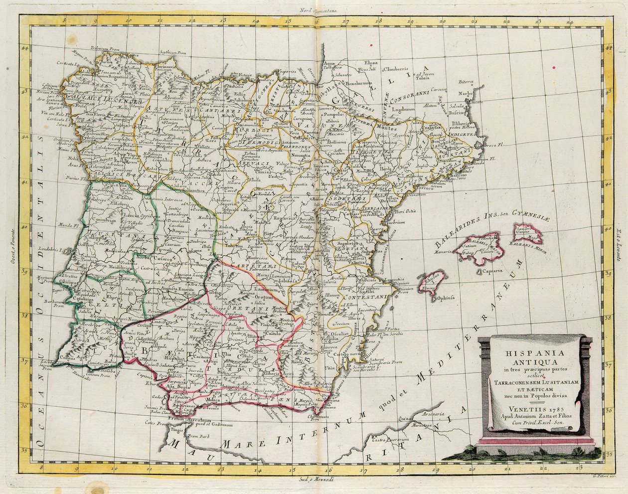 Muinainen Espanja jaettu kolmeen erilliseen alueeseen, nimittäin Terraconensis, Lusitania ja Baetica, ja myös kansoihin, G. Zulianin kaiverrus Tome I:stä Venetsiassa vuonna 1785 julkaistusta Antonio Zattan "Uusimasta atlasesta", yksityinen kokoelma. tekijältä G. Zuliani