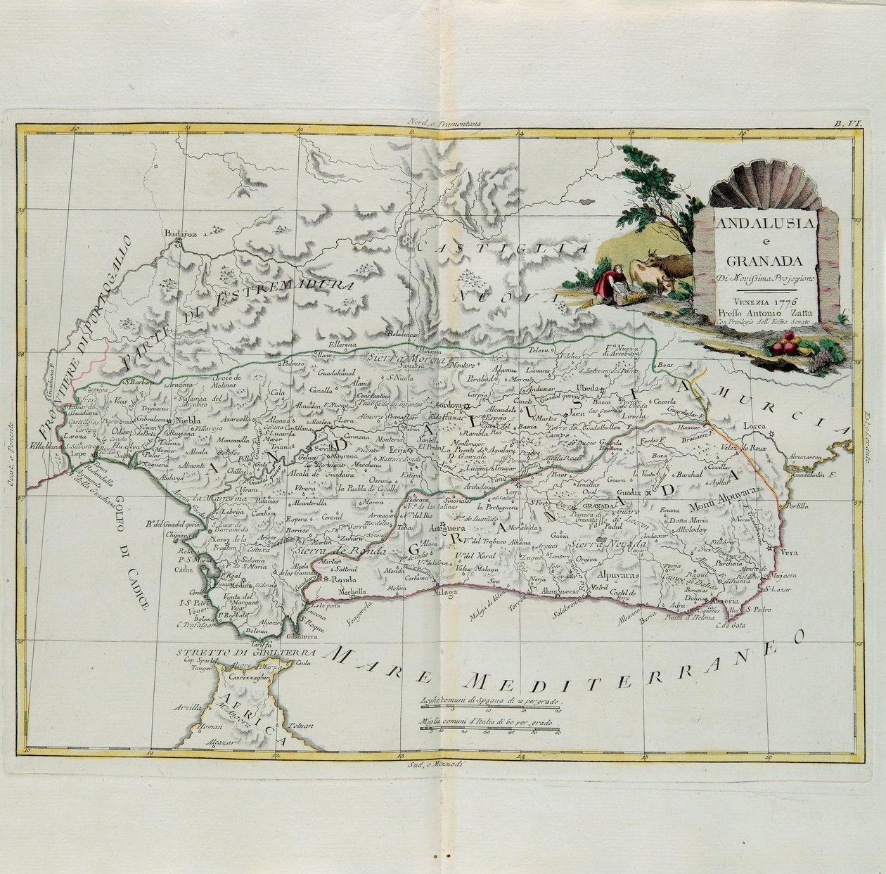 Andalusia ja Granada, G. Zulianin kaiverrus otettu Venetsiassa vuonna 1776 julkaistun uusimman atlasin Tome I:stä, Antonio Zatta, yksityinen kokoelma tekijältä G. Zuliani