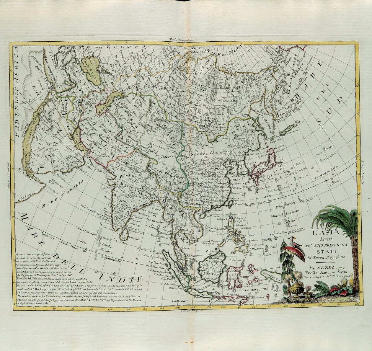 Aasia jaettu tärkeimpiin osavaltioihinsa, G. Zulianin kaiverrus, joka on otettu Antonio Zattan Venetsiassa vuonna 1777 julkaisemasta uusimman atlasin Tome I:stä, yksityinen kokoelma tekijältä G. Zuliani