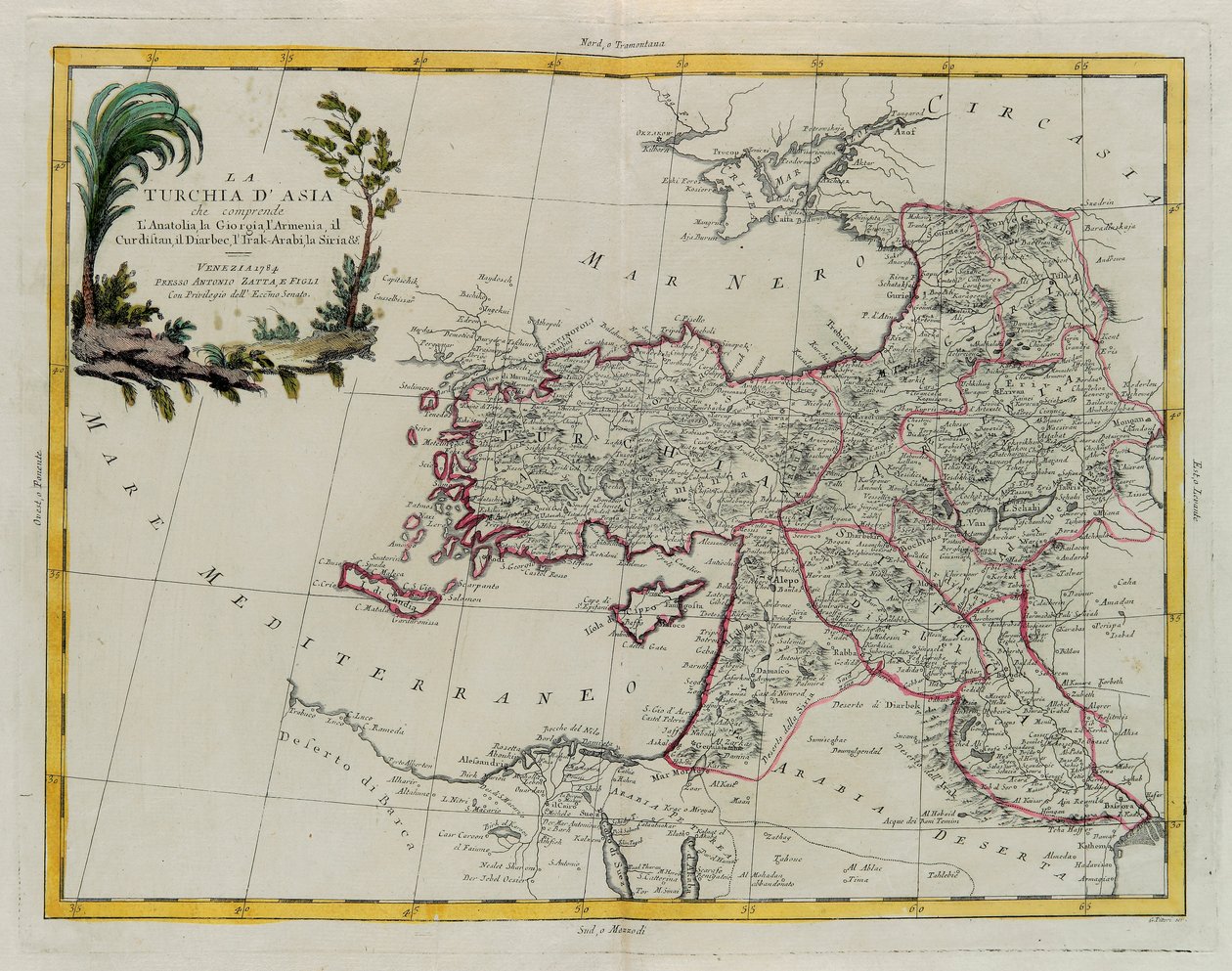Aasian Turkki, mukaan lukien Antolia, Georgia, Armenia, Kurdestan, Diarbec, Irak-Arabi, Syyria, G. Zulianin kaiverrus otettu Antonio Zattan Venetsiassa vuonna 1784 julkaiseman "Uusimman atlasin" Tome IV:stä, yksityinen kokoelma tekijältä G. Zuliani