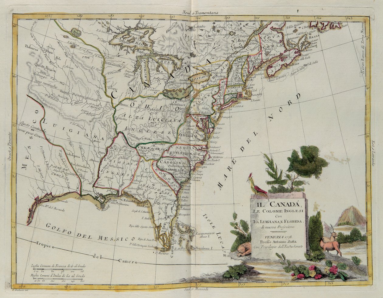Kanada, Englannin siirtokunnat Louisianan ja Floridan kanssa, G. Zulianin kaiverrus otettu Antonio Zattan Venetsiassa vuonna 1778 julkaistun uusimman atlasin Tome I:stä, yksityinen kokoelma tekijältä G. Zuliani