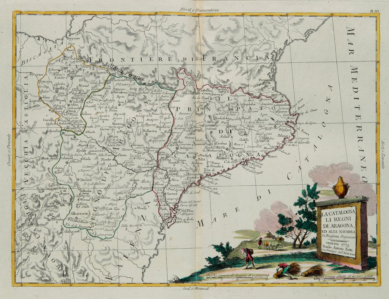 Katalonia, Aragonian kuningaskunnat ja Alta Navarra, G. Zulianin kaiverrus otettu uusimman atlasin Tome I:stä, joka julkaistiin Venetsiassa vuonna 1775, Antonio Zatta, yksityinen kokoelma tekijältä G. Zuliani