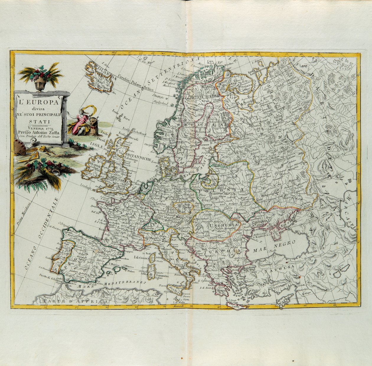 Eurooppa jaettuna päävaltioihinsa, G. Zulianin kaiverrus, joka on otettu Antonio Zattan Venetsiassa vuonna 1776 julkaisemasta uusimman atlasin Tome I:stä, yksityinen kokoelma tekijältä G. Zuliani