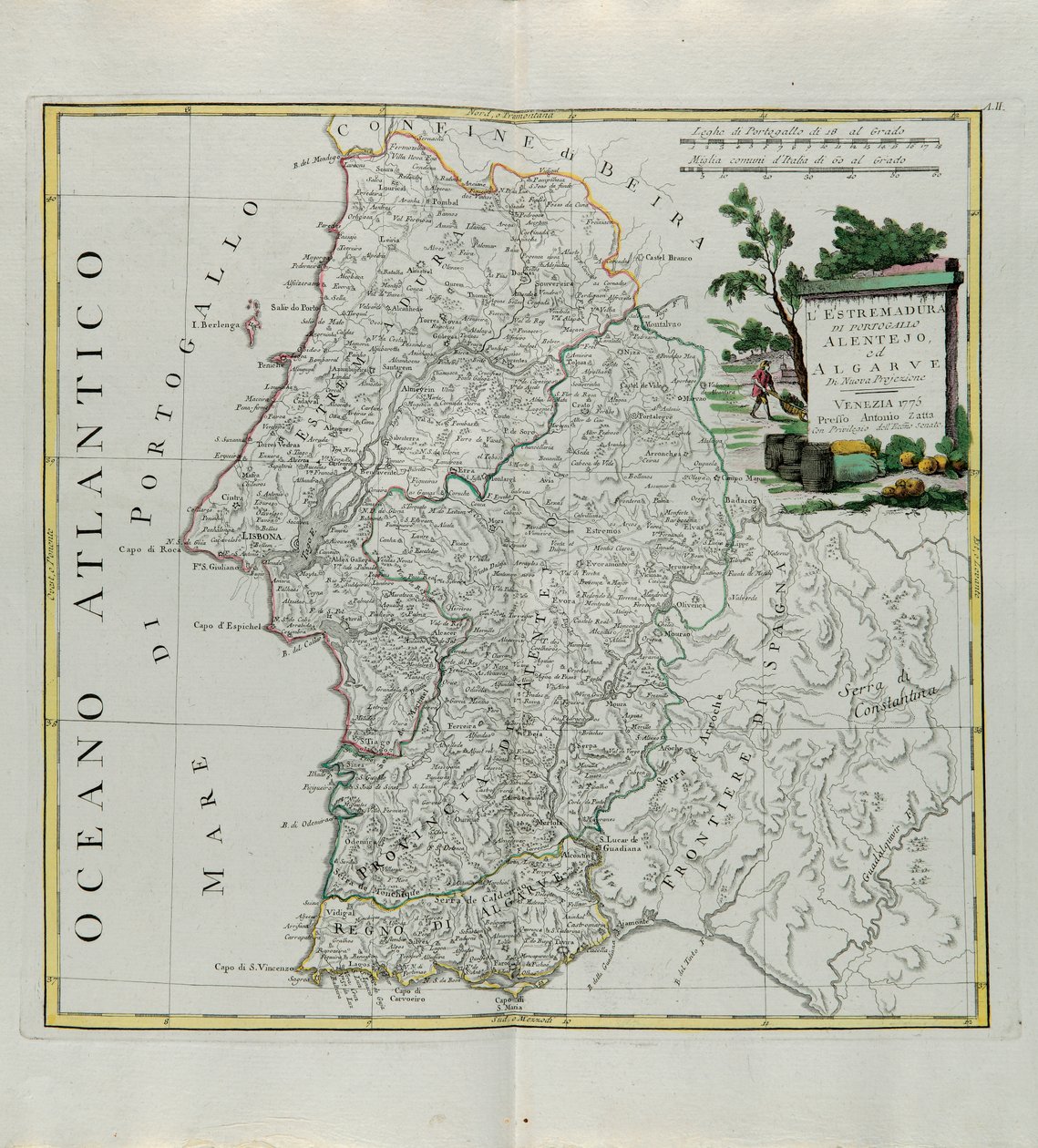 Portugalin Extremadura Alentejo tai Algarve, G. Zulianin kaiverrus otettu Antonio Zattan vuonna 1776 Venetsiassa julkaiseman uusimman atlasin Tome I:stä, yksityiskokoelma tekijältä G. Zuliani