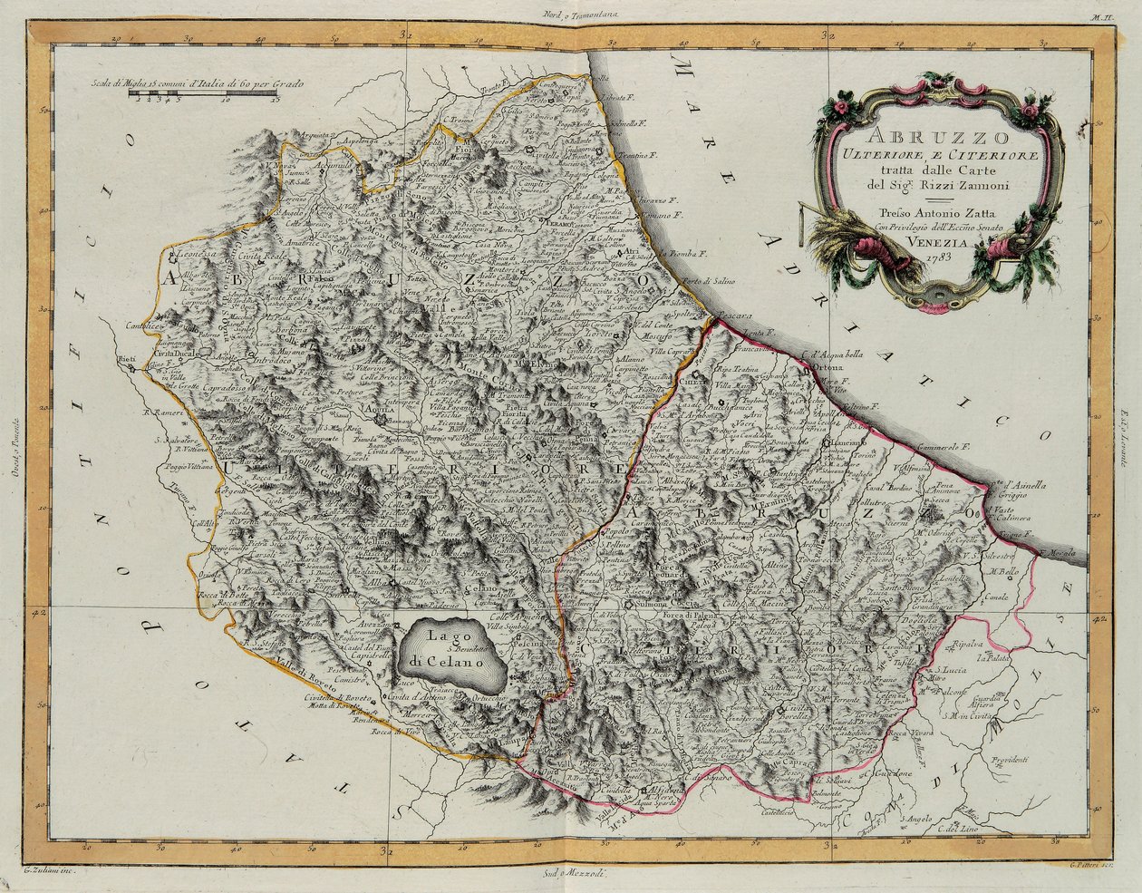 Farther and Hither Abruzzo, G. Zulianin kaiverrus Tome II:sta Venetsiassa vuonna 1783 julkaistusta Antonio Zattan "Uusimasta atlasesta", yksityiskokoelma tekijältä G. Zuliani