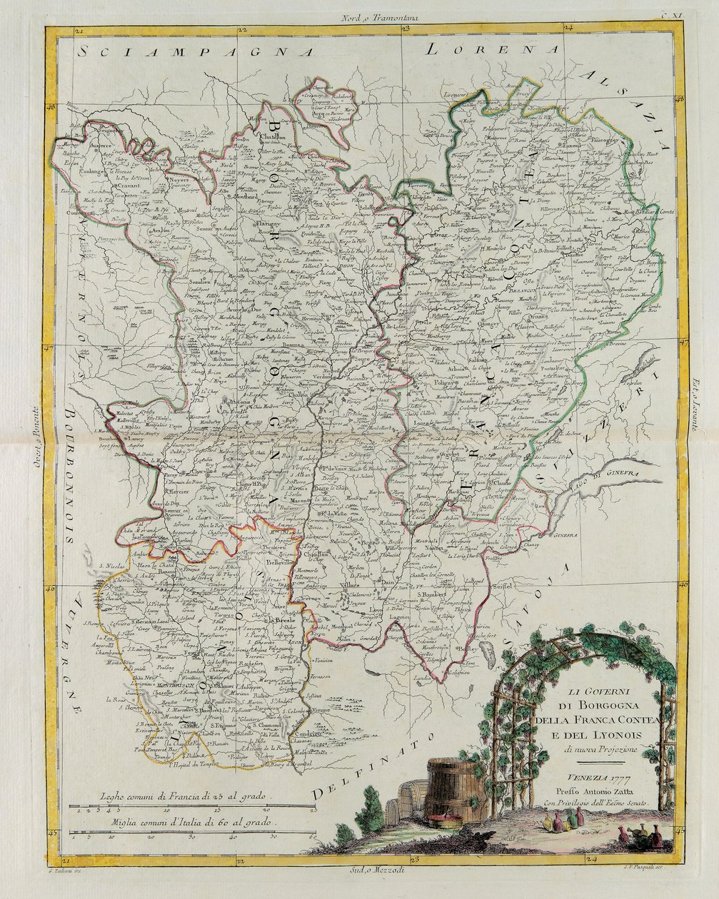 Bourgognen, Franca Contean ja Lyonin hallintoa, G. Zulianin kaiverrus otettu Tome I:stä Venetsiassa vuonna 1777 julkaistusta uusimmasta atlasesta, Antonio Zatta, yksityinen kokoelma tekijältä G. Zuliani