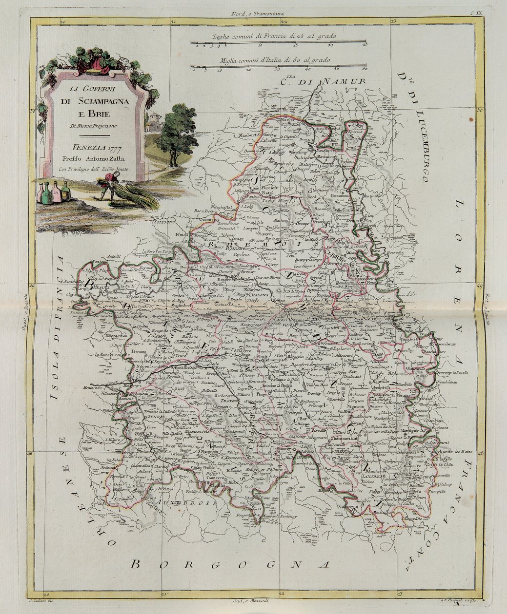 Governances of Champagne and Brie, G. Zulianin kaiverrus otettu Venetsiassa vuonna 1777 julkaistun uusimman atlasin Tome I:stä, Antonio Zatta, yksityinen kokoelma tekijältä G. Zuliani