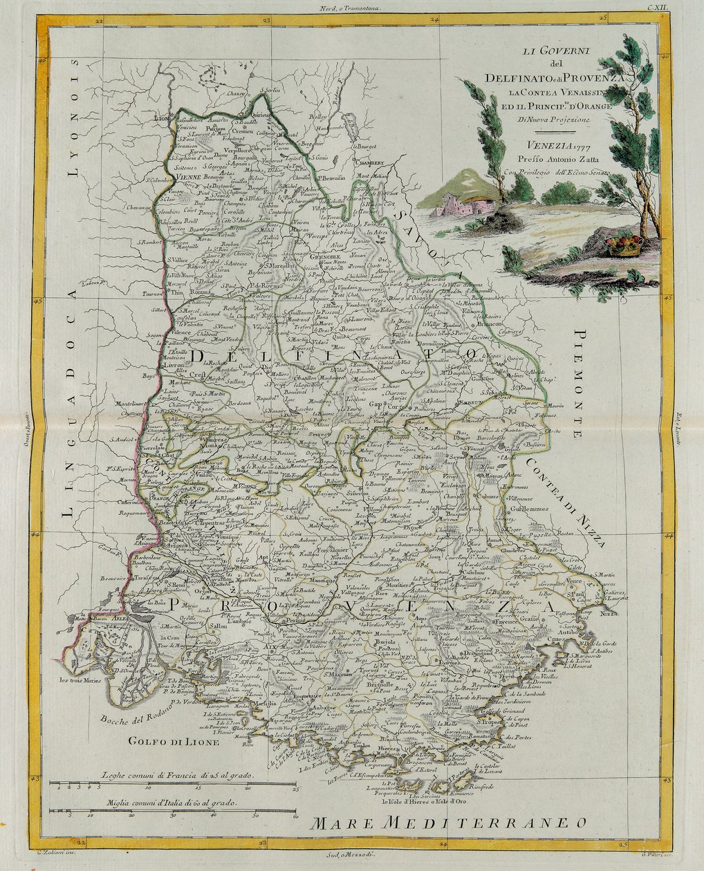 Governances of Dauphin, Provence, County of Venaissin ja Principate of Orange, G. Zulianin kaiverrus otettu Tome I:stä Venetsiassa vuonna 1777 julkaistusta uusimmasta atlasista, jonka Antonio Zatta, Priv tekijältä G. Zuliani