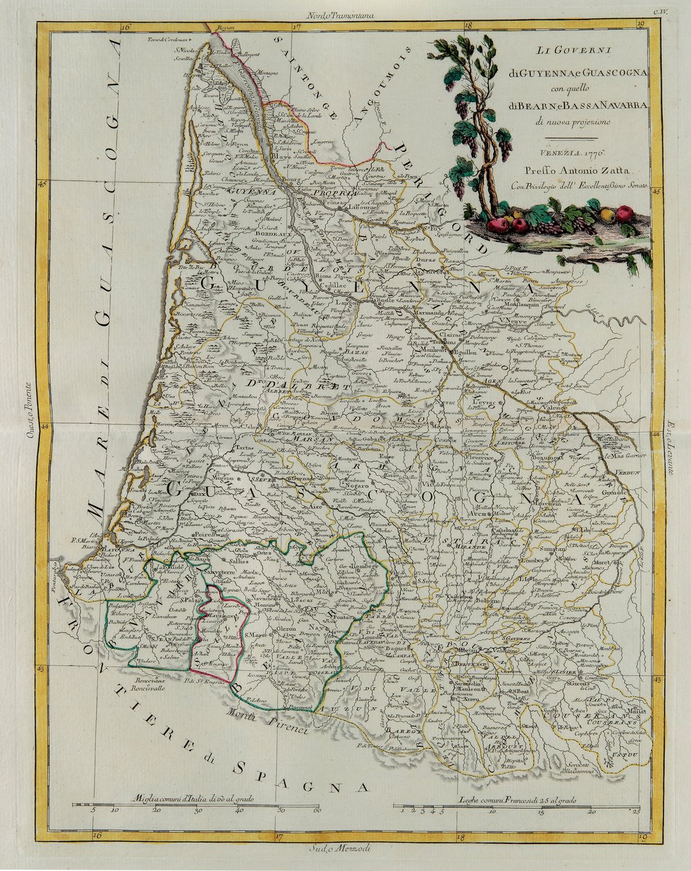 Guyennen ja Gascognen hallintotapa Bearnin ja Ala-Navarran kanssa, G. Zulianin kaiverrus otettu uusimman atlasin Tome I:stä, joka julkaistiin Venetsiassa vuonna 1776, Antonio Zatta, yksityinen kokoelma tekijältä G. Zuliani