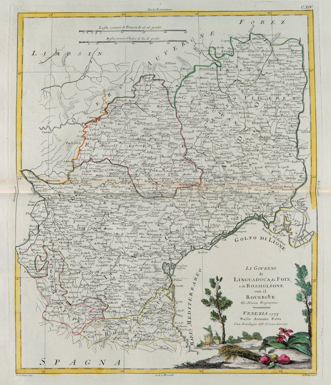 Langedocin, Foixin ja Roussillonin hallintoa Rouerguen kanssa, G. Zulianin kaiverrus otettu Antonio Zattan Venetsiassa vuonna 1777 julkaistun uusimman atlasin Tome I:stä, yksityinen kokoelma tekijältä G. Zuliani
