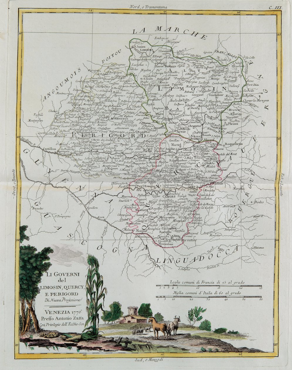 Governances of Limosin, Quercy ja Perigord, G. Zulianin kaiverrus otettu Tome I:stä Venetsiassa vuonna 1776 julkaistusta uusimmasta atlasista, Antonio Zatta, yksityinen kokoelma tekijältä G. Zuliani