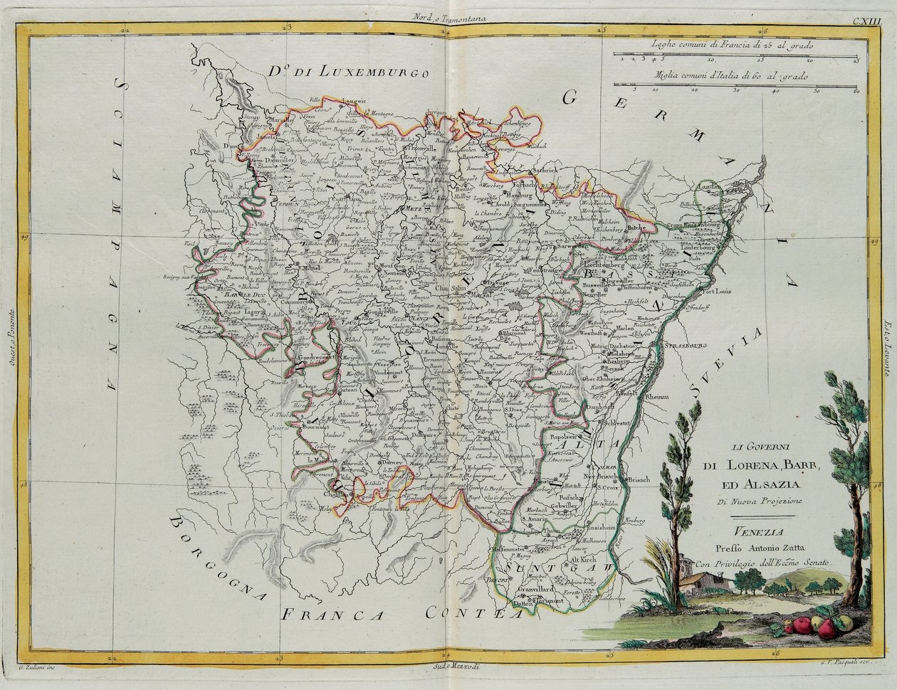 Governances of Lorraine, Barr ja Alsace, G. Zulianin kaiverrus otettu Antonio Zattan Venetsiassa julkaiseman "Uusimman atlasin" Tome I:stä, yksityinen kokoelma tekijältä G. Zuliani