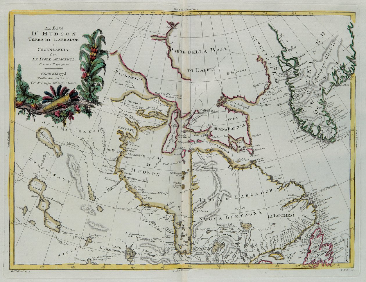 Hudson Bay, Labradorin osavaltio ja Grönlanti viereisten saarten kanssa, G. Zulianin kaiverrus Tome I:stä Venetsiassa vuonna 1778 julkaistusta "Uusimasta atlasesta", Antonio Zatta, yksityinen kokoelma tekijältä G. Zuliani